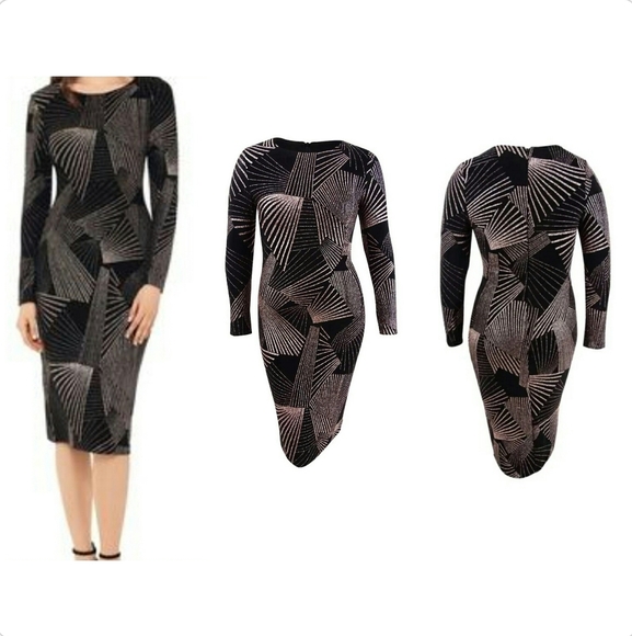 Betsey Adam Black & Gold Sparkly Geometric Glitter Longsleeve Midi Bodycon Dress - Picture 13 of 15